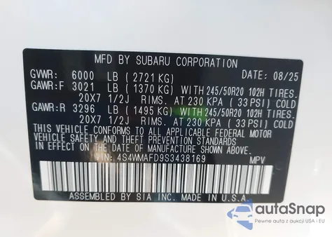 2025 Subaru Ascent Onyx Edition 7-Passenger z USA, uszkodzony, nr VIN 4S4WMAFD9S3438169